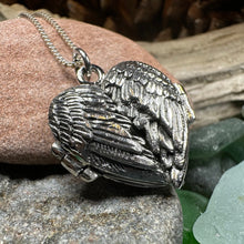 Load image into Gallery viewer, Angel Wings Necklace, Celtic Locket, Spiritual Jewelry, Angel Necklace, Wings Necklace, Silver Bridal Jewelry, Memorial Jewelry, Mom Gift