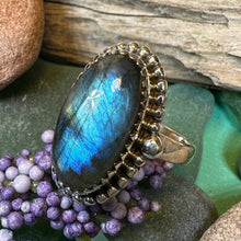Load image into Gallery viewer, Celtic Mystic Ring, Blue Labradorite Jewelry, Statement Ring, Celestial Jewelry, Celtic Jewelry, Anniversary Gift, Wiccan Jewelry, Wife Gift