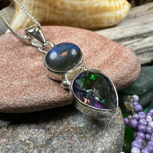 Load image into Gallery viewer, Celtic Necklace, Mystic Topaz Pendant, Labradorite Jewelry, Rainbow Topaz, Statement Pendant, Anniversary Gift, Wiccan Pendant, Mom Gift