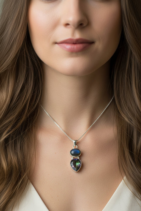 Load image into Gallery viewer, Celtic Necklace, Mystic Topaz Pendant, Labradorite Jewelry, Rainbow Topaz, Statement Pendant, Anniversary Gift, Wiccan Pendant, Mom Gift
