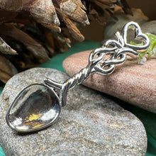 Load image into Gallery viewer, Love Spoon Brooch, Celtic Jewelry, Wales Jewelry, Welsh Pin, Bridal Jewelry, Anniversary Gift, Heart Jewelry, Silver Spoon Wife Gift