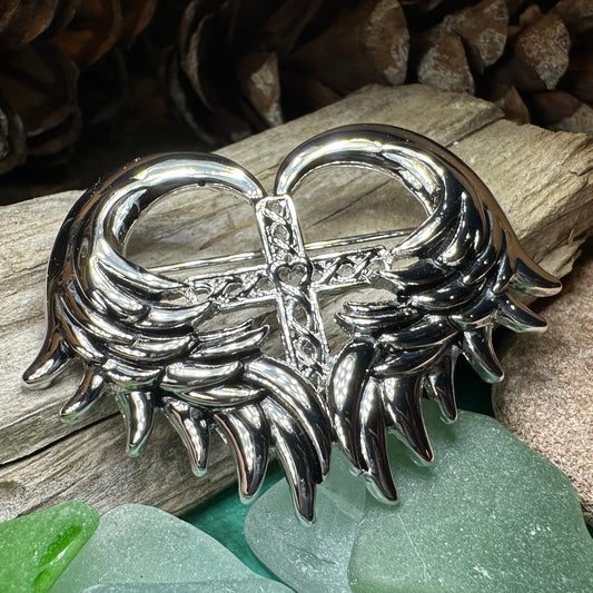 Celtic Cross Brooch, Angel Wings Pin, Irish Pin, Celtic Brooch, Scottish Pin, First Communion Pin, Ireland Pin, Religious Jewelry, Pewter