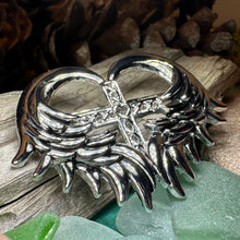 Load image into Gallery viewer, Celtic Cross Brooch, Angel Wings Pin, Irish Pin, Celtic Brooch, Scottish Pin, First Communion Pin, Ireland Pin, Religious Jewelry, Pewter