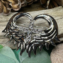 Load image into Gallery viewer, Celtic Cross Brooch, Angel Wings Pin, Irish Pin, Celtic Brooch, Scottish Pin, First Communion Pin, Ireland Pin, Religious Jewelry, Pewter