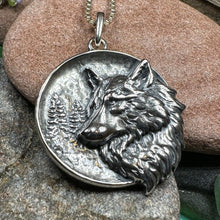 Load image into Gallery viewer, Wolf Necklace, Crescent Moon Jewelry, Norse Jewelry, Pagan Jewelry, Viking Jewelry, Celtic Knot Pendant, Animal Jewelry, Direwolf Jewelry