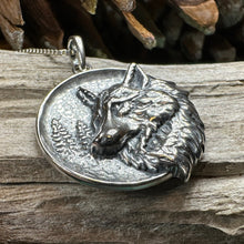 Load image into Gallery viewer, Wolf Necklace, Crescent Moon Jewelry, Norse Jewelry, Pagan Jewelry, Viking Jewelry, Celtic Knot Pendant, Animal Jewelry, Direwolf Jewelry