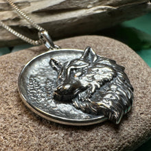 Load image into Gallery viewer, Wolf Necklace, Crescent Moon Jewelry, Norse Jewelry, Pagan Jewelry, Viking Jewelry, Celtic Knot Pendant, Animal Jewelry, Direwolf Jewelry