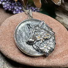 Load image into Gallery viewer, Wolf Necklace, Crescent Moon Jewelry, Norse Jewelry, Pagan Jewelry, Viking Jewelry, Celtic Knot Pendant, Animal Jewelry, Direwolf Jewelry