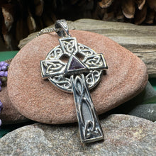 Load image into Gallery viewer, Celtic Cross Necklace, Scottish Pendant, Ireland Cross, Irish Jewelry, Large Celtic Cross, Religious Jewelry, Silver Cross Pendant, Garnet