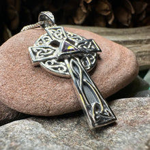 Load image into Gallery viewer, Celtic Cross Necklace, Scottish Pendant, Ireland Cross, Irish Jewelry, Large Celtic Cross, Religious Jewelry, Silver Cross Pendant, Garnet