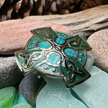 Load image into Gallery viewer, Celtic Cross Brooch, Cross Jewelry, Celtic Brooch, First Communion Gift, Green Enamel Pin, Irish Cross Jewelry, Cross Pin, Religious Jewelry