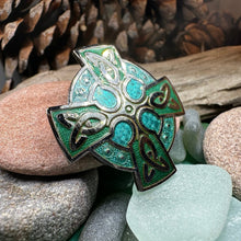 Load image into Gallery viewer, Celtic Cross Brooch, Cross Jewelry, Celtic Brooch, First Communion Gift, Green Enamel Pin, Irish Cross Jewelry, Cross Pin, Religious Jewelry