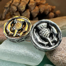 Load image into Gallery viewer, Thistle Cuff Links, Scotland Jewelry, Celtic Jewelry, Dad Gift, Bagpiper Gift, Groom Gift, Best Man Gift, Boyfriend Gift, Husband Gift