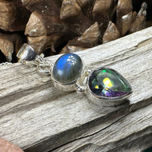 Load image into Gallery viewer, Celtic Necklace, Mystic Topaz Pendant, Labradorite Jewelry, Rainbow Topaz, Statement Pendant, Anniversary Gift, Wiccan Pendant, Mom Gift
