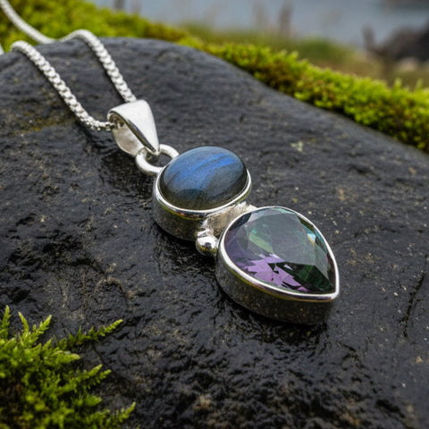 Load image into Gallery viewer, Celtic Necklace, Mystic Topaz Pendant, Labradorite Jewelry, Rainbow Topaz, Statement Pendant, Anniversary Gift, Wiccan Pendant, Mom Gift