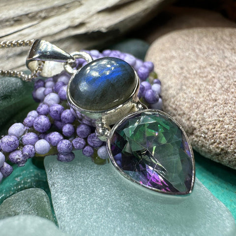 Load image into Gallery viewer, Celtic Necklace, Mystic Topaz Pendant, Labradorite Jewelry, Rainbow Topaz, Statement Pendant, Anniversary Gift, Wiccan Pendant, Mom Gift