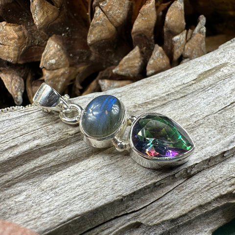 Load image into Gallery viewer, Celtic Necklace, Mystic Topaz Pendant, Labradorite Jewelry, Rainbow Topaz, Statement Pendant, Anniversary Gift, Wiccan Pendant, Mom Gift