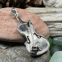 Load image into Gallery viewer, Irish Fiddle Celtic Brooch, Celtic Music Pin, Violin Jewelry, Musician Gift, Silver Violin, Orchestra, Music Teacher Gift, Orchestra Jewelry