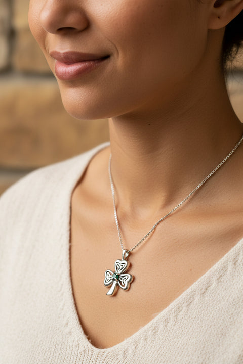 Load image into Gallery viewer, Shamrock Necklace, Clover Pendant, Irish Necklace, Irish Gift, Anniversary Gift, Emerald Ireland Jewelry, Friendship Gift, Celtic Necklace