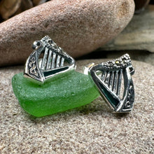 Load image into Gallery viewer, Harp Earrings, Celtic Earrings, Irish Jewelry, Ireland Gift, Post Earrings, Mom Gift, Girlfriend Gift, Clover Jewelry, Shamrock Earrings