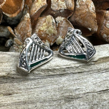 Load image into Gallery viewer, Harp Earrings, Celtic Earrings, Irish Jewelry, Ireland Gift, Post Earrings, Mom Gift, Girlfriend Gift, Clover Jewelry, Shamrock Earrings