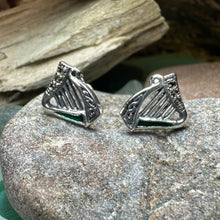 Load image into Gallery viewer, Harp Earrings, Celtic Earrings, Irish Jewelry, Ireland Gift, Post Earrings, Mom Gift, Girlfriend Gift, Clover Jewelry, Shamrock Earrings