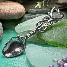 Load image into Gallery viewer, Love Spoon Brooch, Celtic Jewelry, Wales Jewelry, Welsh Pin, Bridal Jewelry, Anniversary Gift, Heart Jewelry, Silver Spoon Wife Gift