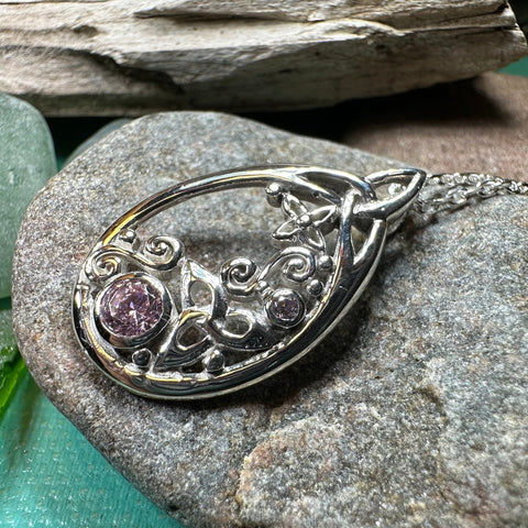 Load image into Gallery viewer, Celtic Knot Necklace, Celtic Jewelry, Irish Jewelry, Scottish Jewelry, Pink Topaz Pendant, Trinity Knot, Scotland Jewelry, Anniversary Gift