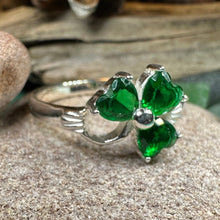 Load image into Gallery viewer, Shamrock Ring, Celtic Jewelry, Emerald Irish Jewelry, Clover Ring, Silver Ireland Gift, Irish Dance Gift, Anniversary Gift, Good Luck Gift
