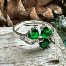Load image into Gallery viewer, Shamrock Ring, Celtic Jewelry, Emerald Irish Jewelry, Clover Ring, Silver Ireland Gift, Irish Dance Gift, Anniversary Gift, Good Luck Gift