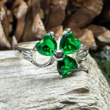 Load image into Gallery viewer, Shamrock Ring, Celtic Jewelry, Emerald Irish Jewelry, Clover Ring, Silver Ireland Gift, Irish Dance Gift, Anniversary Gift, Good Luck Gift
