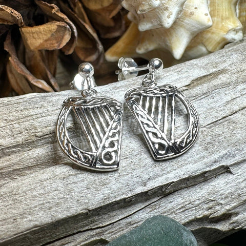 Load image into Gallery viewer, Harp Earrings, Celtic Jewelry, Ireland Jewelry, Irish Jewelry, Harp Jewelry, Clover Jewelry, Post Back Earrings, St. Patrick's Day, Mom Gift
