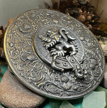 Load image into Gallery viewer, Thistle Plaid Brooch, Extra Large Celtic Pin, Scottish Lion Pin, Norse Jewelry, Wiccan Jewelry, Anniversary Gift, Kilt Pin, Men's Tartan Pin