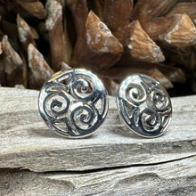 Load image into Gallery viewer, Celtic Knot Earrings, Irish Jewelry, Triple Spiral Stud Earrings, Anniversary Gift, Scottish Jewelry, Norse Jewelry, Triskel Jewelry