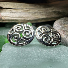 Load image into Gallery viewer, Celtic Knot Earrings, Irish Jewelry, Triple Spiral Stud Earrings, Anniversary Gift, Scottish Jewelry, Norse Jewelry, Triskel Jewelry