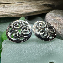 Load image into Gallery viewer, Celtic Knot Earrings, Irish Jewelry, Triple Spiral Stud Earrings, Anniversary Gift, Scottish Jewelry, Norse Jewelry, Triskel Jewelry
