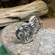 Load image into Gallery viewer, Celtic Knot Earrings, Irish Jewelry, Triple Spiral Stud Earrings, Anniversary Gift, Scottish Jewelry, Norse Jewelry, Triskel Jewelry