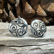 Load image into Gallery viewer, Celtic Knot Earrings, Irish Jewelry, Triple Spiral Stud Earrings, Anniversary Gift, Scottish Jewelry, Norse Jewelry, Triskel Jewelry