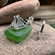 Load image into Gallery viewer, Harp Earrings, Celtic Earrings, Irish Jewelry, Ireland Gift, Post Earrings, Mom Gift, Girlfriend Gift, Clover Jewelry, Shamrock Earrings