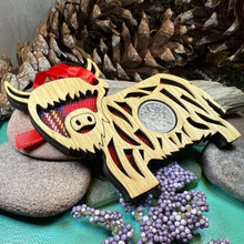 Load image into Gallery viewer, Highland Cow Ornament, Lucky Sixpence, Scotland Gift, Scottish Cow, Tartan Gift, Christmas Tree Ornament, Good Luck Gift, Oak Wood Plaque