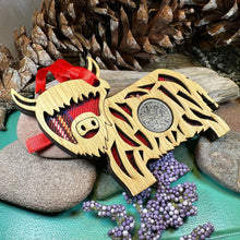 Load image into Gallery viewer, Highland Cow Ornament, Lucky Sixpence, Scotland Gift, Scottish Cow, Tartan Gift, Christmas Tree Ornament, Good Luck Gift, Oak Wood Plaque