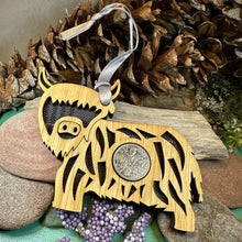 Load image into Gallery viewer, Highland Cow Ornament, Lucky Sixpence, Scotland Gift, Scottish Cow, Tartan Gift, Christmas Tree Ornament, Good Luck Gift, Oak Wood Plaque