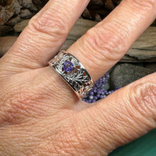 Load image into Gallery viewer, Thistle Ring, Celtic Jewelry, Scottish Jewelry, Amethyst Ring, Outlander Jewelry, Nature Ring, Thistle Jewelry, Wedding Band, Wife Gift