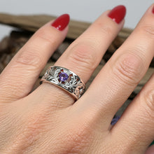 Load image into Gallery viewer, Thistle Ring, Celtic Jewelry, Scottish Jewelry, Amethyst Ring, Outlander Jewelry, Nature Ring, Thistle Jewelry, Wedding Band, Wife Gift