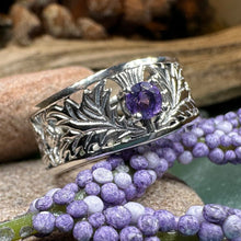Load image into Gallery viewer, Thistle Ring, Celtic Jewelry, Scottish Jewelry, Amethyst Ring, Outlander Jewelry, Nature Ring, Thistle Jewelry, Wedding Band, Wife Gift