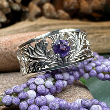 Load image into Gallery viewer, Thistle Ring, Celtic Jewelry, Scottish Jewelry, Amethyst Ring, Outlander Jewelry, Nature Ring, Thistle Jewelry, Wedding Band, Wife Gift