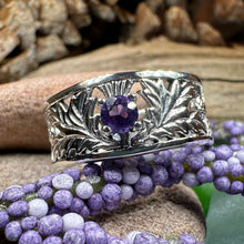 Load image into Gallery viewer, Thistle Ring, Celtic Jewelry, Scottish Jewelry, Amethyst Ring, Outlander Jewelry, Nature Ring, Thistle Jewelry, Wedding Band, Wife Gift
