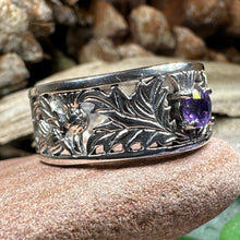 Load image into Gallery viewer, Thistle Ring, Celtic Jewelry, Scottish Jewelry, Amethyst Ring, Outlander Jewelry, Nature Ring, Thistle Jewelry, Wedding Band, Wife Gift