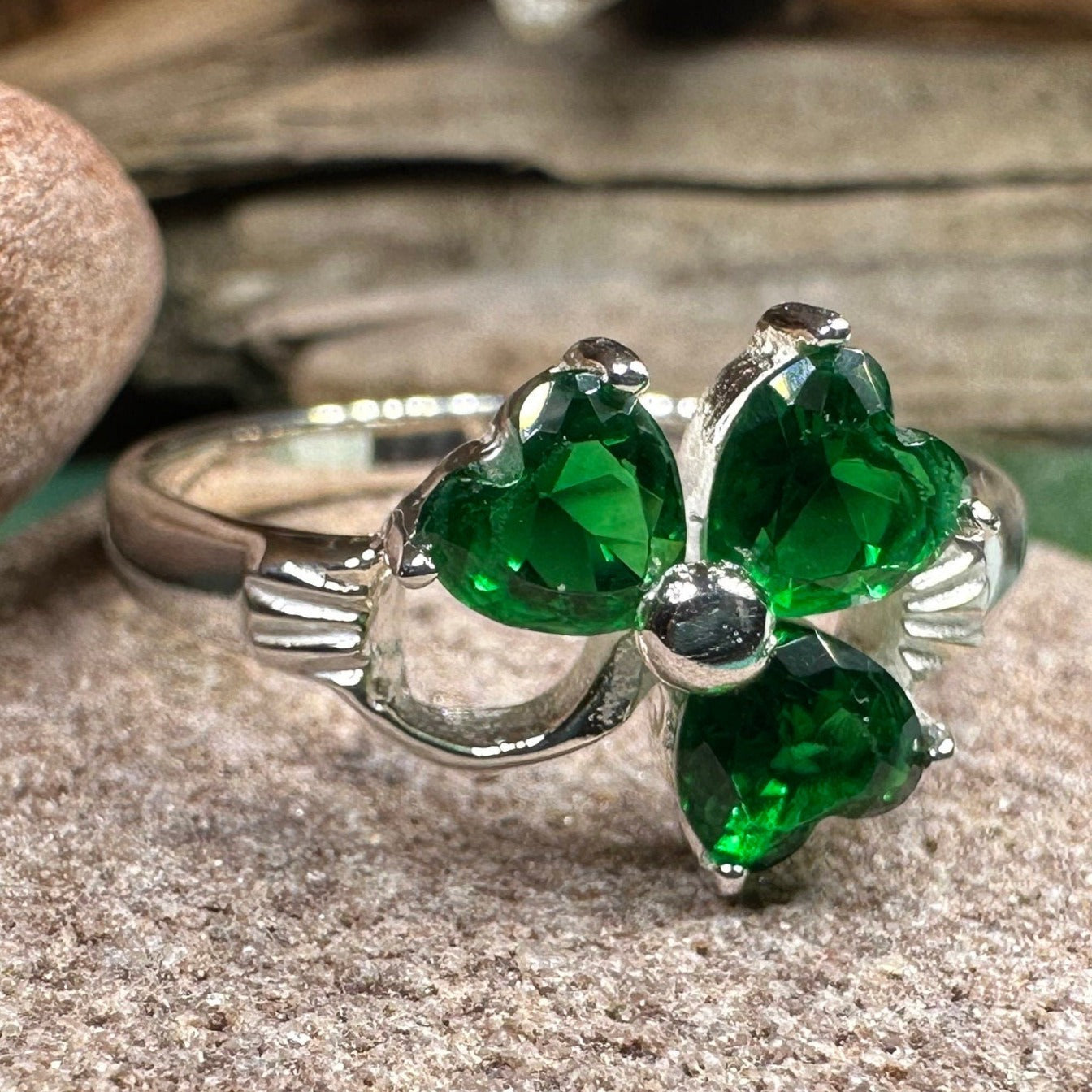 Emerald Irish Shamrock Ring in Sterling Silver — view 10