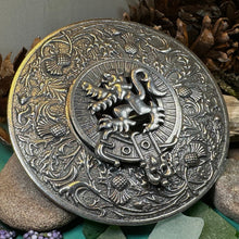 Load image into Gallery viewer, Thistle Plaid Brooch, Extra Large Celtic Pin, Scottish Lion Pin, Norse Jewelry, Wiccan Jewelry, Anniversary Gift, Kilt Pin, Men's Tartan Pin